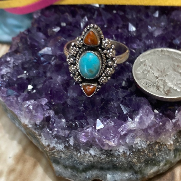 Hand Crafted Jewelry - Kingman Blue Mohave Turquoise and coral ring